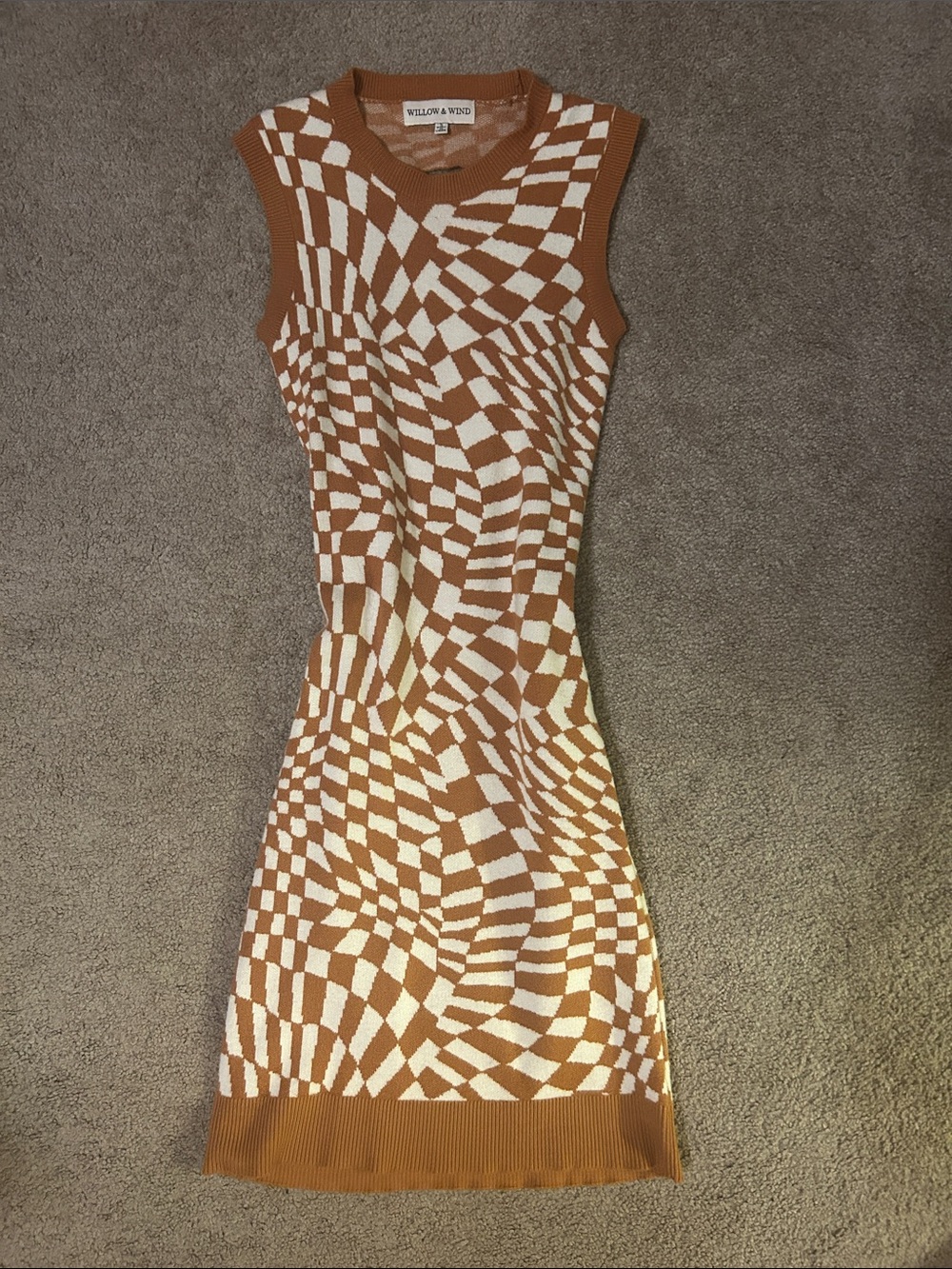 Willow & Wind Brown and Cream Sleeveless Knit Midi Dress